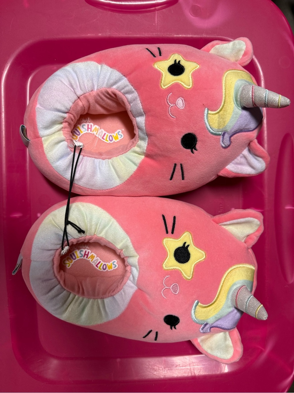 Squishmallows Pink Unicorn Plush Slippers with Rainbow Details